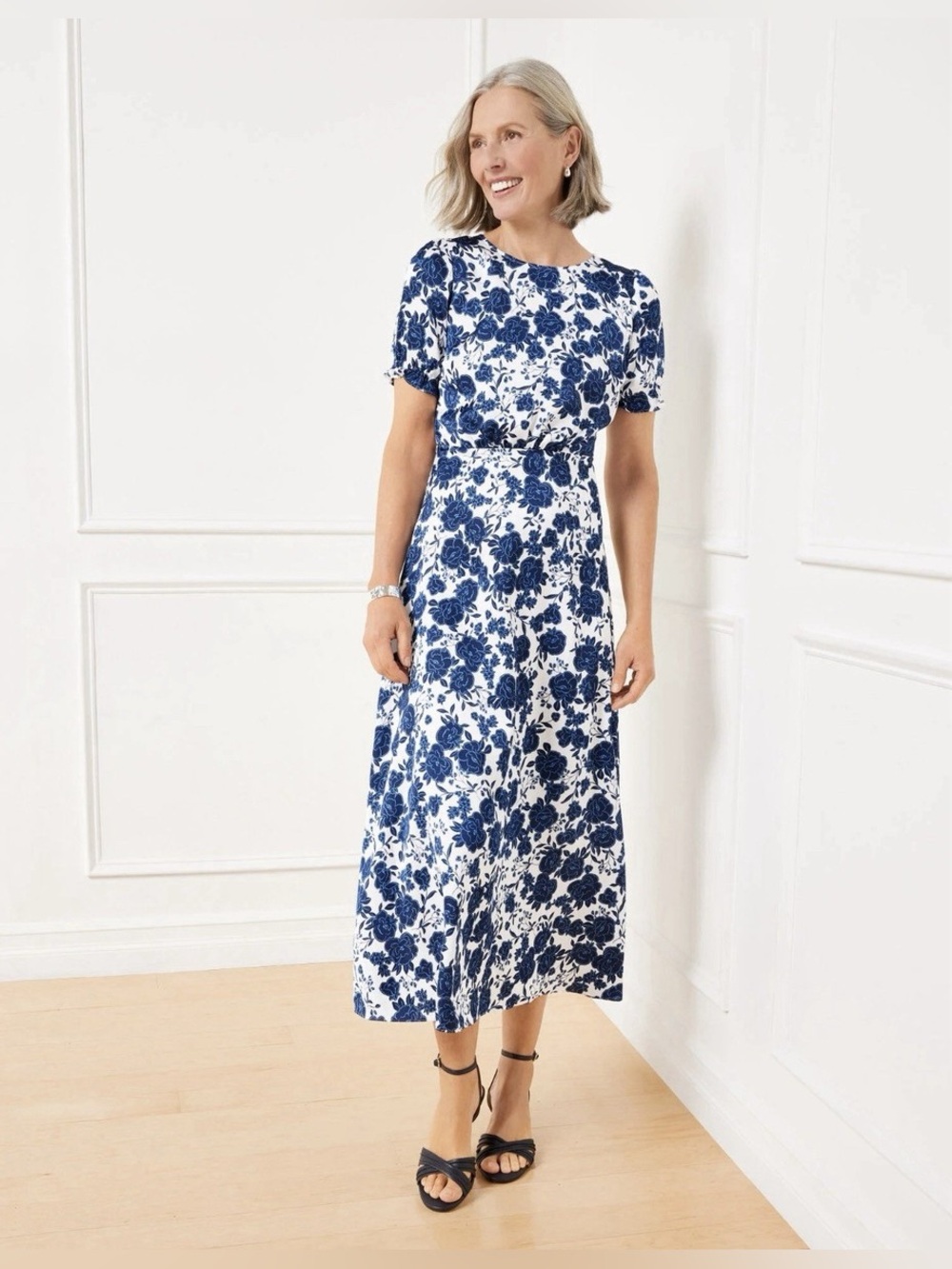 Talbots White Maxi Dress with Blue Floral Print Size 18